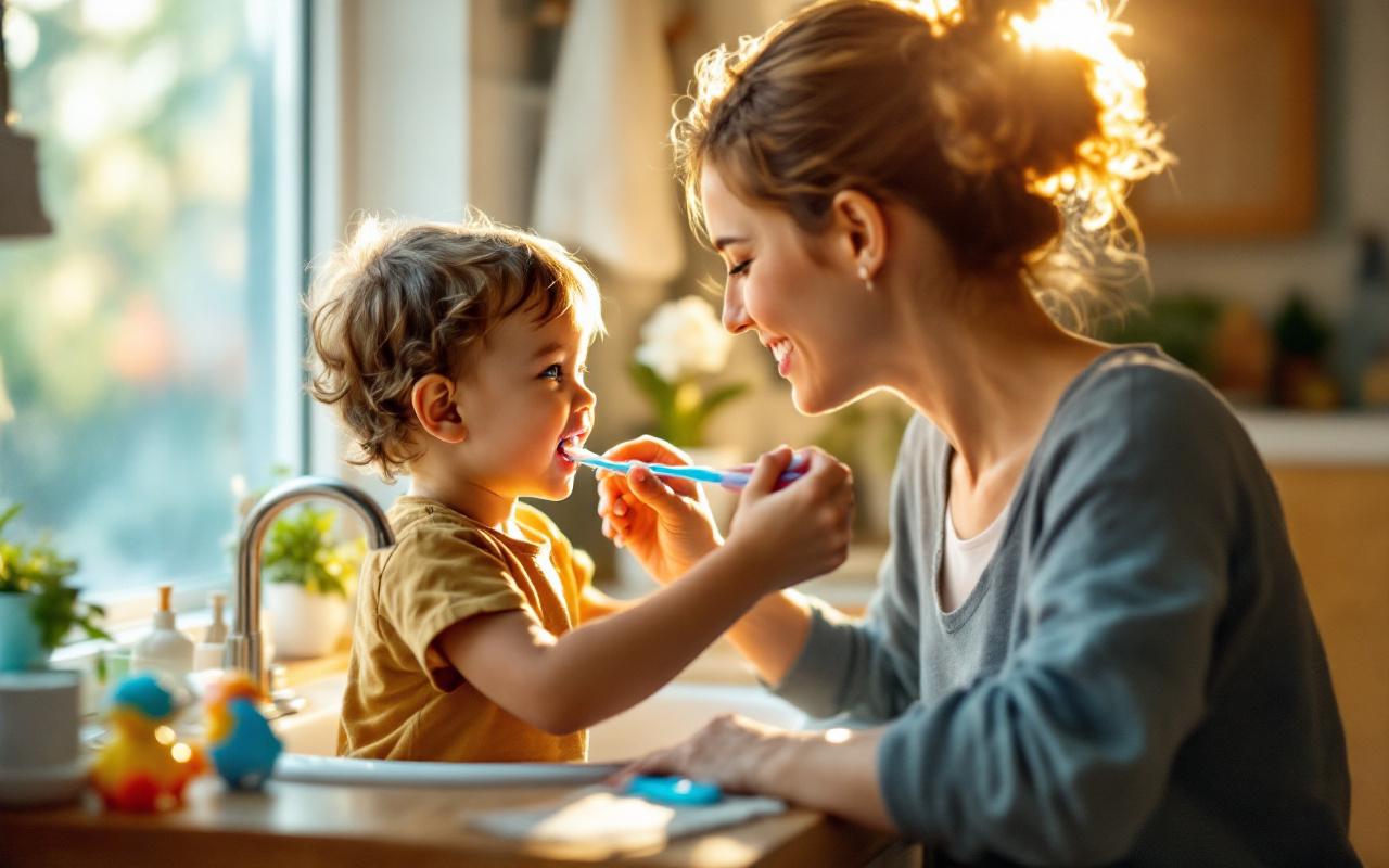 Un parent aide un tout-petit &agrave; se brosser les dents devant un lavabo dans une salle de bain familiale chaleureuse, lumi&egrave;re douce du matin filtrant par une fen&ecirc;tre givr&eacute;e, brosse &agrave; dents avec mousse, jouet sur le comptoir, ambiance calme et intime.