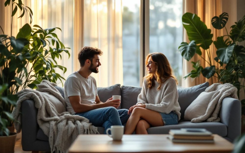 deux-personnes-assises-sur-un-canape-discutant-calmement-dans-un-salon-chaleureux-lumiere-douce-filtrant-par-une-grande-fenetre-couverture-tasse-sur-la-table-et-plantes-en-arriere-plan