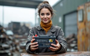 Une femme tenant une batterie de voiture usagée devant un comptoir dans une cour de ferrailleur, ambiance réaliste et lumière naturelle.