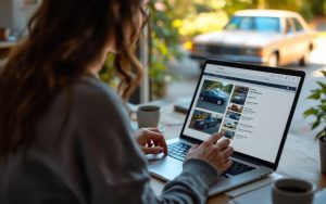 Une femme compare méthodiquement des annonces de voitures d’occasion sur un ordinateur portable, assise à un bureau, tandis qu’une voiture d’occasion est floue en arrière-plan.