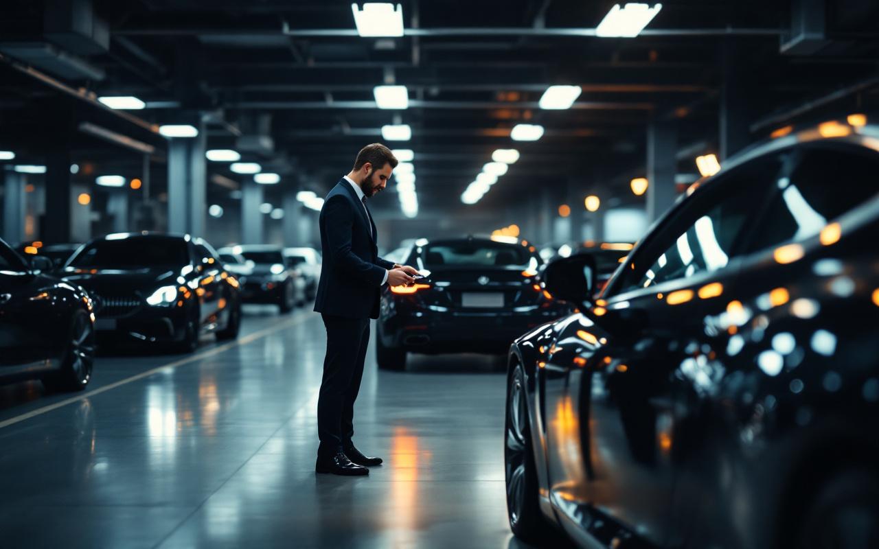 Garage haut de gamme élégant avec plusieurs voitures de luxe stationnées, éclairage chaleureux et réalisme éditorial automobile.