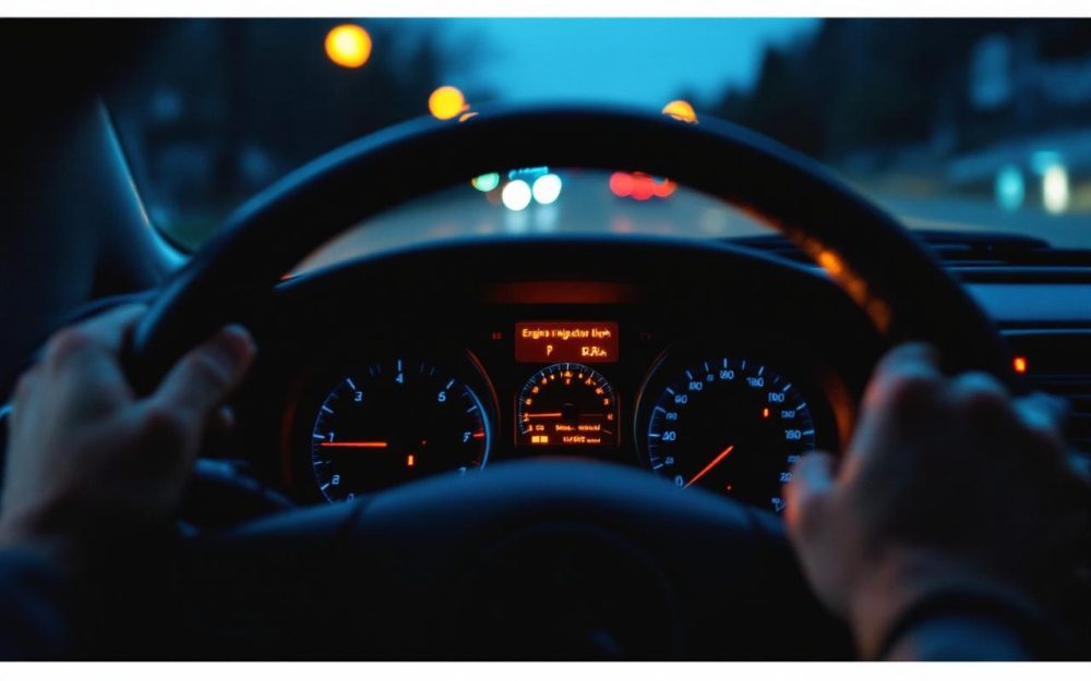 Vue intérieure réaliste du tableau de bord d’une voiture la nuit, avec le voyant d’injection allumé et le conducteur attentif observant les indicateurs pendant une panne automobile.