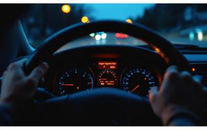 Vue intérieure réaliste du tableau de bord d’une voiture la nuit, avec le voyant d’injection allumé et le conducteur attentif observant les indicateurs pendant une panne automobile.