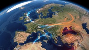 Carte météorologique réaliste de l’Europe vue en altitude, montrant un courant-jet sinueux et coloré ainsi que la rencontre de masses d’air polaire et subtropicale.