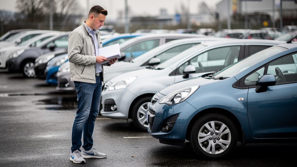 Jeune homme comparant plusieurs citadines d’occasion garées sur un parking, avec un carnet d’entretien fermé à la main.