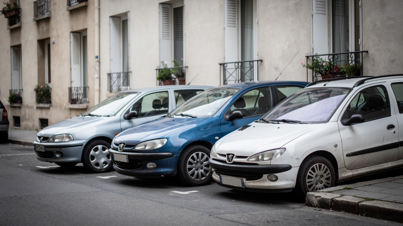 Trois voitures compactes d’occasion alignées dans une rue urbaine française, photographiées de trois quarts avant sous une lumière naturelle.