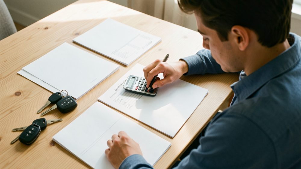 Jeune homme préparant son budget automobile avec une calculatrice, des clés de voiture et des documents vierges sur une table lumineuse.