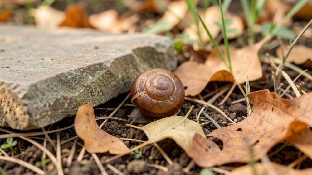 Un petit escargot petit-gris replié dans sa coquille sous des feuilles mortes et une pierre plate, dans un jardin sec de fin d’été baigné d’une lumière douce.
