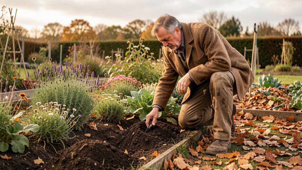 Un jardinier observe la terre d’un jardin familial en automne, entre des massifs de vivaces et un potager recouverts de feuilles mortes.