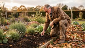 Un jardinier observe la terre d’un jardin familial en automne, entre des massifs de vivaces et un potager recouverts de feuilles mortes.