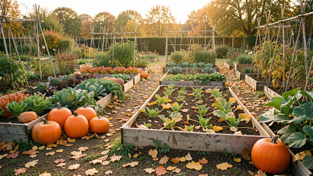 Jardin potager français en octobre, avec des rangs de légumes d’automne, des courges récoltées, des feuilles dorées et une lumière douce.