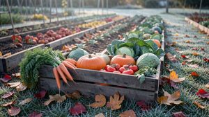 Jardin potager en automne au petit matin, avec des feuilles colorées, une cagette de légumes récoltés et du léger givre sur l’herbe.