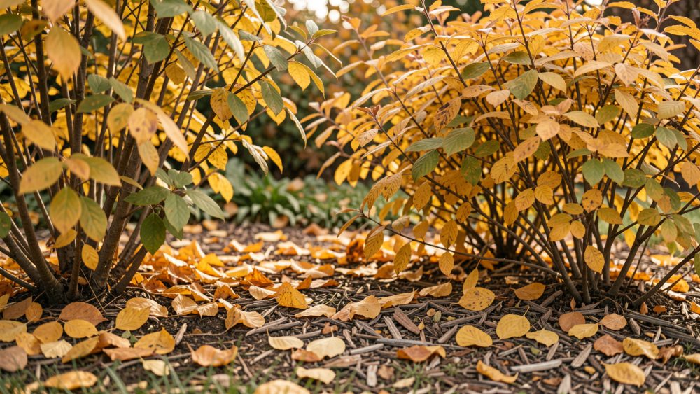 Jardin d’automne naturel avec des feuilles dorées au pied d’arbustes, sur un sol couvert d’un paillis léger et éclairé par une lumière douce.