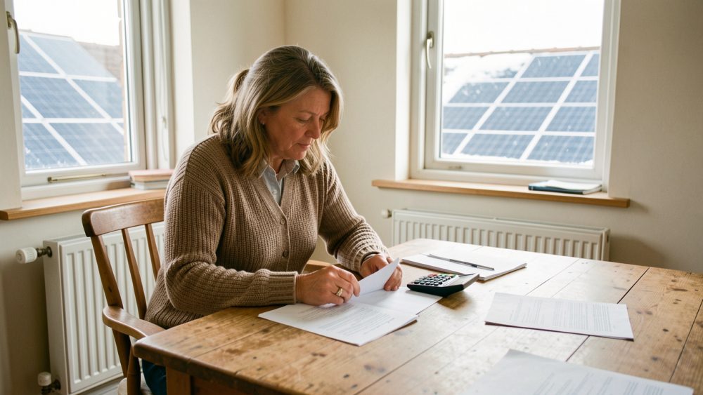 Une propriétaire consulte ses factures d’énergie à une table dans une maison individuelle en hiver, avec des radiateurs et des panneaux solaires visibles.