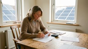 Une propriétaire consulte ses factures d’énergie à une table dans une maison individuelle en hiver, avec des radiateurs et des panneaux solaires visibles.